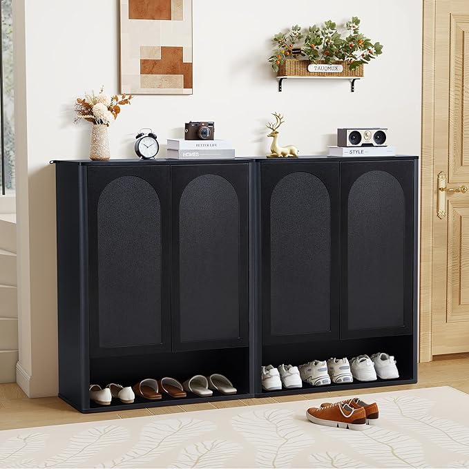 Shoe Cabinet, 5 Tier Wooden Shoe Storage Organizer Cabinet with Adjustable Shelves, Shoes Rack Accent Cabinet for Entryway Hallway Living Room, Black