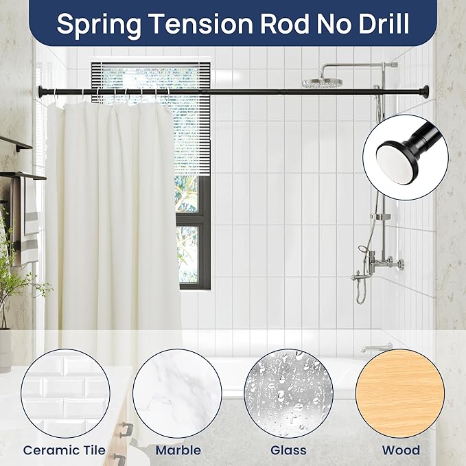 ENJOYBASICS Matte Black Shower Curtain Rod 30 to 52 Inches, Stainless Steel Adjustable Spring Tension Rods No Drill for Bathroom, Closet, Window, Room Divider, Never Rust, Non Slip