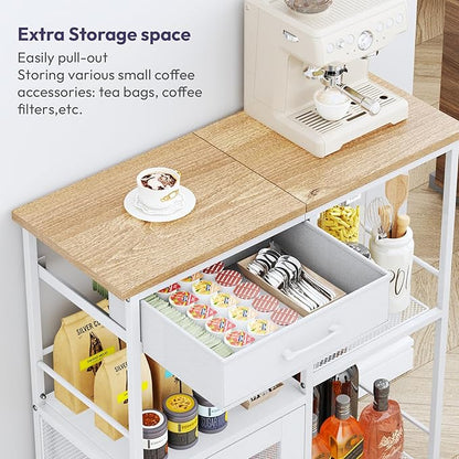 SWTYMIKI Coffee Bar Cabinet for Home - Farmhouse Coffee Stand Station Multi-Purpose Storage Cabinet with Adjustable Feet, Drawers - Kitchen Bar Table for Living Room, Corner, Small Space, Natural