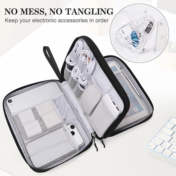 FYY Electronic Organizer, Extra Large Travel Cable Organizer Bag Pouch Portable Waterproof Double Layers All-in-One Storage Bag for iPad, Cable, Power Bank, Laptop Charger for Office, Black-Pattern