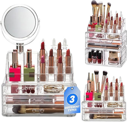Masirs Clear Makeup Organizer with Mirror – 16-Compartment Cosmetic and Jewelry Holder, 4-Drawer Vanity Storage, Elegant Clear Design for Makeup and Accessories