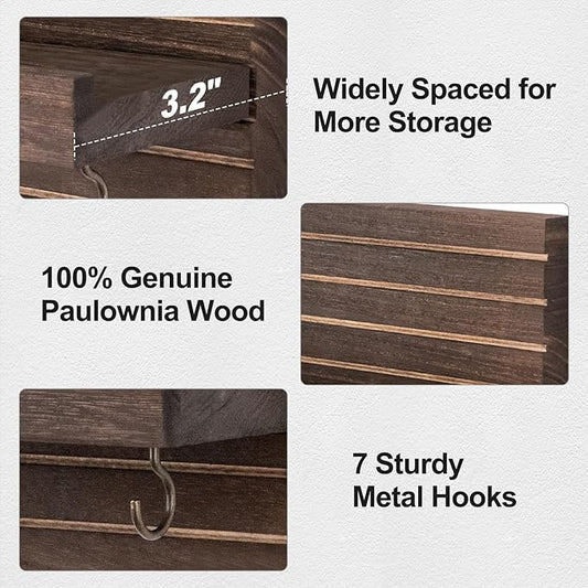 Decorative Key Holder for Wall with Shelf, Entryway Shelf with Hooks Holds Leashes, Jackets and Glasses – Sturdy Wood Keyholder Entrance Hanger with Mounting Hardware (Brown, Large)