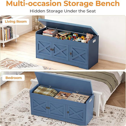 Farmhouse Shoe Storage Bench, Entryway Bench with Cushion Seat, Lift Top Storage, Adjustable Shelf, 3 Doors, 330 lbs Capacity, Storage Bench for Entryway, Bedroom, Living Room (Blue)