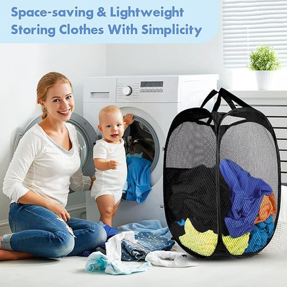 DUCOO Pop Up Laundry Hamper, 70L Collapsible Mesh Laundry Basket with Side Pocket, Foldable Dirty Clothes Hamper with Sturdy Reinforced Handles for Home Dorm Bedroom Travel Bathroom Storage, Black