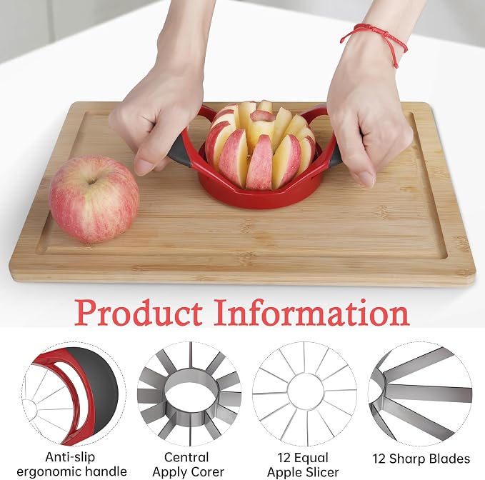 Apple Slicer,4.72 Inch Apple Corer and Slicer -Apple Cutter,Red | Stainless Steel Corer, 12 Sharp Blades,Anti-slip Handle,Hand wash/Dishwasher