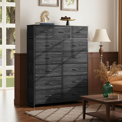 Tall Console Table with 13 Fabric Drawers, Entryway Table with Storage, Tall Storage Organizer with Wood Top, Steel Frame for Living Room, Hallway, Office, Charcoal Black Wood Grain Print