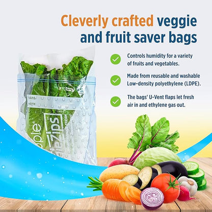 Bluapple Produce Saver Ethylene Gas Absorber - Fresh Fruit & Vegetable Storage with VeggieZips Humidity Control Storage Bag, Kitchen Must Haves, Produce Storage, Minimizes Waste, BPA Free - Value Pack