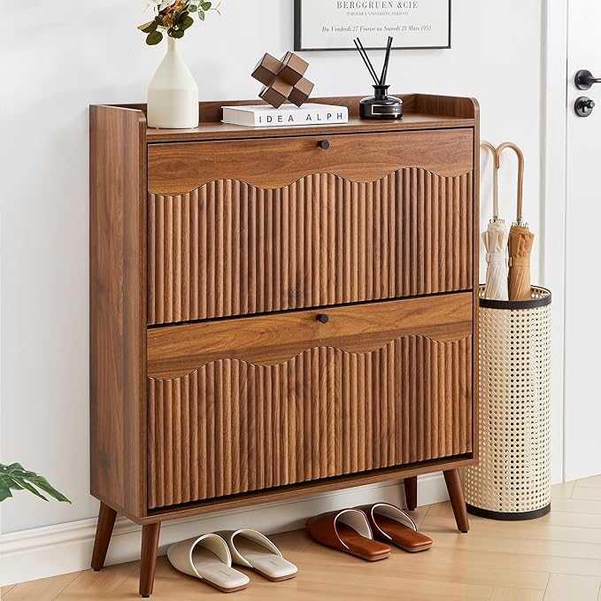 BERRYMERRY 31.5” Fluted Shoe Storage Cabinet with 2 Flip Drawers,Freestanding Narrow Shoe Organizer Cabinet with Wave Profile for Entryway,Hallway,Living Room