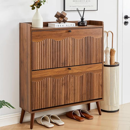 BERRYMERRY 31.5” Fluted Shoe Storage Cabinet with 2 Flip Drawers,Freestanding Narrow Shoe Organizer Cabinet with Wave Profile for Entryway,Hallway,Living Room