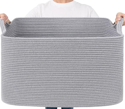 Goodpick 85L Large Woven Blanket Basket 23.6" x 15.7" x 13.8" Cotton Rope Storage Organizer for Dirty Clothes Pillows, Rectangle Toy Storage Basket for Nursery Bedroom, Gray