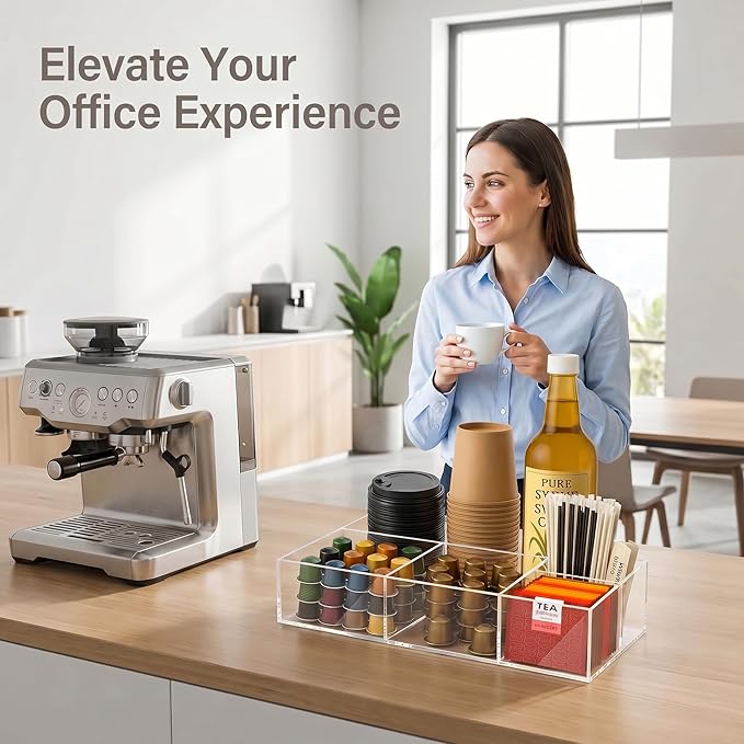 Acrylic Coffee Bar Station – Snack Tea Organizer & Storage Holder for Office Coffee Table – Perfect Countertop Setup for Syrup, Creamer, Condiment and Snack Accessories