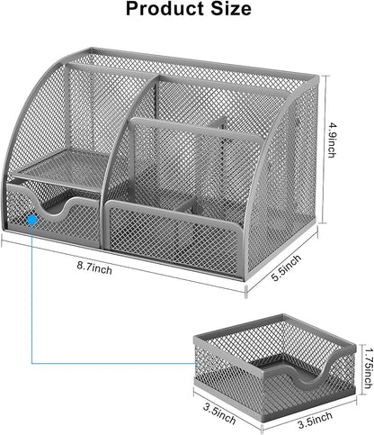 EasyPAG Mesh Desk Organizer with Drawer Multi-functional Pen Holder Stationery Organizer for Office School Supplies 6 Compartments Dorm Organizers and Storage for Desk, Silver