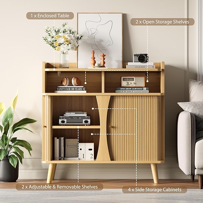 39" Buffet Sideboard Cabinet, Mid Century Modern Console Cabinet with Roller Shutter Sliding Doors & Adjustable Shelves for Kitchen Cabinets, Living Room, Entryway, Coffee Bar Cabinet (Oak)