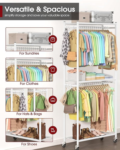 Sakugi Clothes Rack - 33.0" x 12.2" x 79.5" Clothing Rack with Shelves & Wheels, Multi-Functional Wardrobe Closet with Hooks, Sturdy Metal Garment Rack for Bedroom, Laundry, Balcony (White)