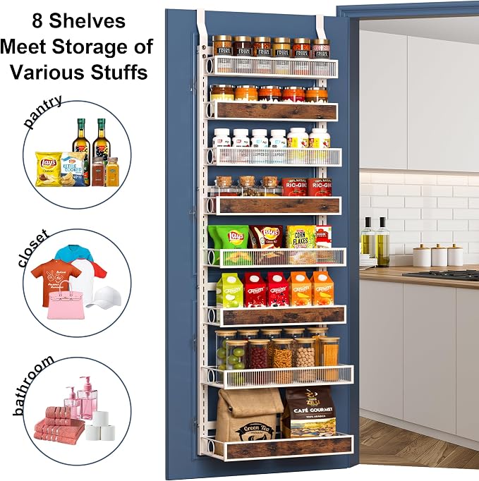 9 Tier Over the Door Pantry Organizer 2 IN 1 Hanging or Wall Mounted Spice Rack with Adjustable Basket,Heavy Duty Seasonning Storage Shelf for Kitchen Pantry and Bathroom White