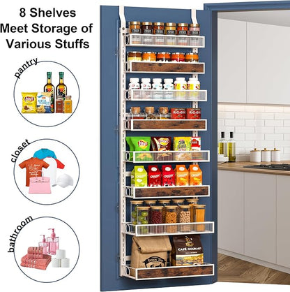 9 Tier Over the Door Pantry Organizer 2 IN 1 Hanging or Wall Mounted Spice Rack with Adjustable Basket,Heavy Duty Seasonning Storage Shelf for Kitchen Pantry and Bathroom White