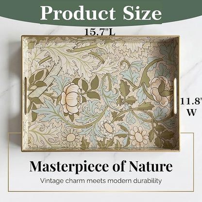 William Morris-Style Serving Tray with Handles - 15.7" x 11.8" Floral Pattern Decorative Platter for Coffee Table, Ottoman & Breakfast in Bed - Sturdy Plastic Rectangular Tray
