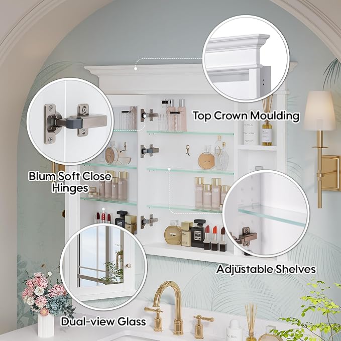 WELLFOR40 x 32" Bathroom Medicine Cabinet with 3-Tier Adjustable Shelves, Recessed Solid Wood Medicine Cabinet with Mirrors, Wood Miiror Cabinet with 1 Soft-Close Door and Open/Built-in 7 Shelves
