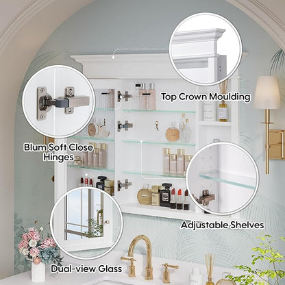 WELLFOR40 x 32" Bathroom Medicine Cabinet with 3-Tier Adjustable Shelves, Recessed Solid Wood Medicine Cabinet with Mirrors, Wood Miiror Cabinet with 1 Soft-Close Door and Open/Built-in 7 Shelves