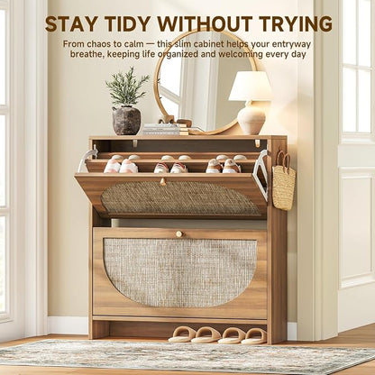 Nicetree Rattan Arched Accent Shoe Storage Cabinet - Freestanding Ultra Slim for Entryway, 2 Flip Drawers & 3-Tier Adjustable Shelves, Farmhouse Modern Rustic Shoe Rack for Hallway, Foyer, Living Room