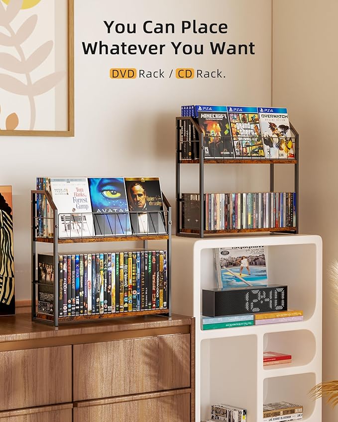 2-Tier DVD Storage Rack, DVD Shelf for Non-slip Feets, DVD Holder Display with 10lb per Tier, Stores Up to 56 DVDs, Display Organizer Tower for Music Enthusiasts and Collection