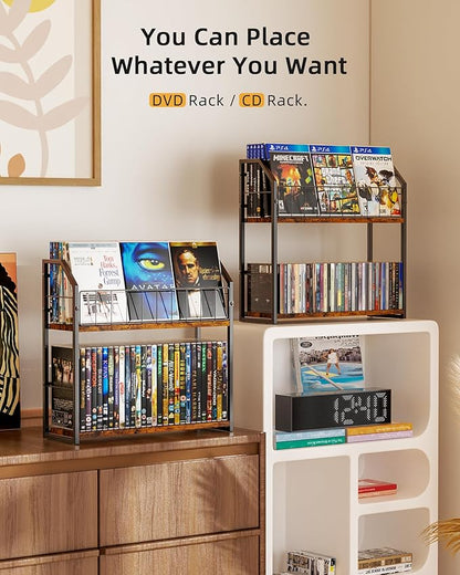 2-Tier DVD Storage Rack, DVD Shelf for Non-slip Feets, DVD Holder Display with 10lb per Tier, Stores Up to 56 DVDs, Display Organizer Tower for Music Enthusiasts and Collection