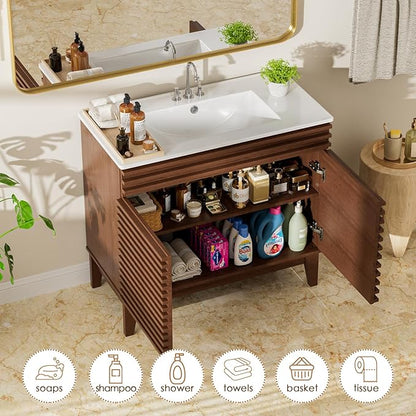 ROOMTEC 36" Bathroom Vanity with Sink, Mid-Century Freestanding Bathroom Vanity Sink with Storage, Undermount Ceramic Sink, Particleboard Frame with Wood Grain Laminate, Walnut