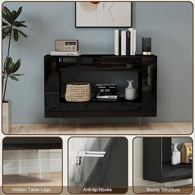 High Gloss Console Table with Hidden Side Storage Cabinets, Adjustable Shelves, Modern Black Entryway Sofa Table for Behind The Couch, Living Room, Hallway, Black