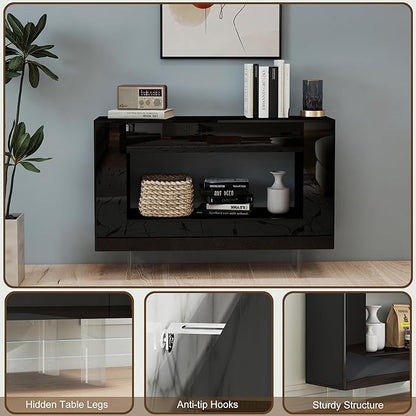 High Gloss Console Table with Hidden Side Storage Cabinets, Adjustable Shelves, Modern Black Entryway Sofa Table for Behind The Couch, Living Room, Hallway, Black