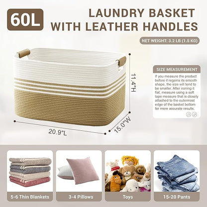 SunNewt 60L Large Laundry Basket with Leather Handles for Living Room Storage, Woven Rope BasketsBin for Blanket, Kids Toy, Gifts, Wicker Hamper for Bedroom Dirty Clothes, 21"x15"x11" Khaki