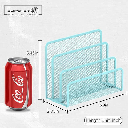 SUPEASY Mail Organizer for Desk, Mesh Metal Mail Holder Countertop with 3-Slot, Letter Sorter File Holder, Office Envelope Organizer for Mails (Blue)