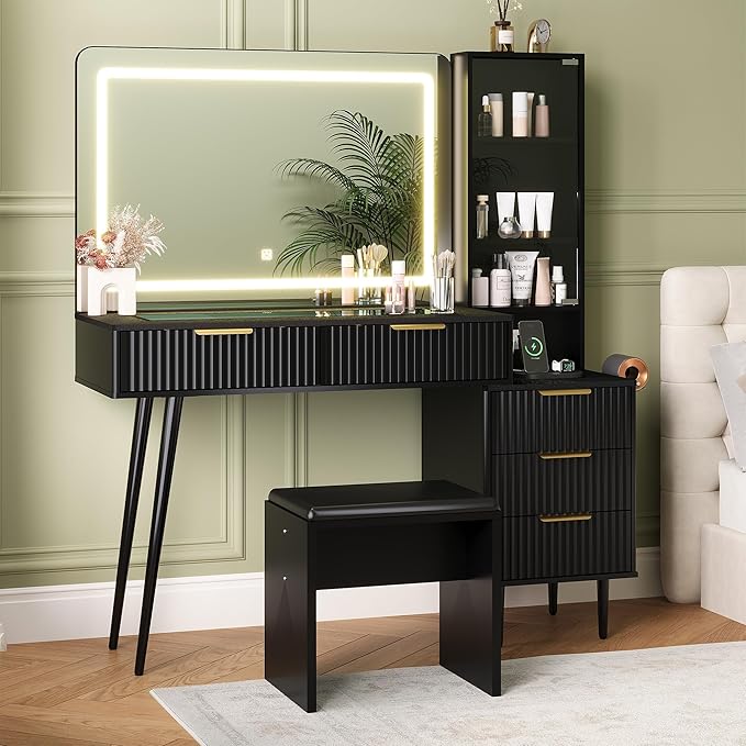 Vanity Desk with Mirror and Lights, 48" Makeup Vanity Table with 4 Drawers, 3-Shelves, Charging Station, Glass Top, 3 Color Modes & Adjustable Brightness, Modern Dressing Table Set for Bedroom - Black