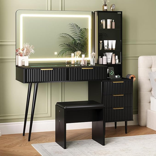 48" Makeup Vanity Desk with Mirror ＆ Lights, 4 Drawers & 3-Shelves Vanity Desk Set, 3 Color Lighting Modes ＆ Adjustable Brightness, Dressing Table Set w/Charging Station for Bedroom - Black