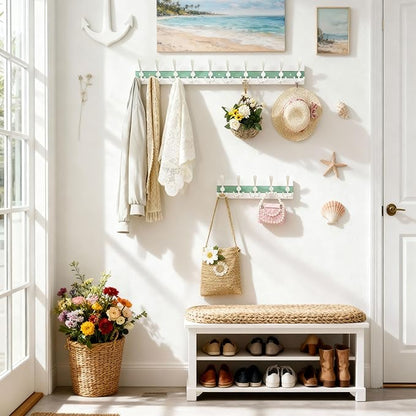 SKOLOO Coastal Wall Mounted Coat Rack - 16-7/8" Beach House Entryway Wooden Coat Hook with 5 Hooks for Hanging Coats, Hats or Towels, Oceanfront Cottage Core Collection, White & Green