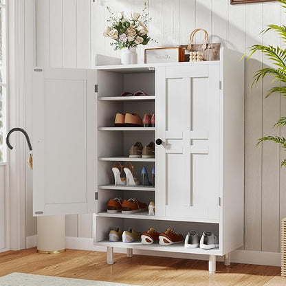 Farmhouse Shoe Cabinet with Doors, 6-Tier Wooden Shoe Organizer with Adjustable Shelves, Entryway Storage Cabinet with Metal Legs, Rustic Shoe Storage for Entryway or Living Room (White)