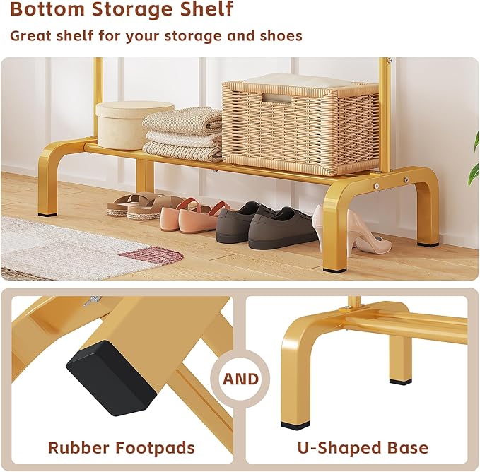 JIUYOTREE Standard Clothes Clothing Garment Rack with Storage Shelves Clothes Organizer for Hanging Clothes Coat Jacket Shirt Sweater Jeans Gold