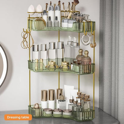3-Tier Corner Bathroom Counter Organizer，Makeup & Skincare Shelf with Built-in Brush Holder，Space-Saving Bathroom Countertop Organizer for Skincare, Perfume, Cosmetics(Green)