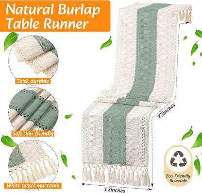6 Sets Boho Decoration Placemats Round Woven Placemats, Cloth Napkins, Wood Bead Napkin Rings, Long Table Runner and Farmhouse Burlap Cotton for Table Kitchen (Green,12x72)