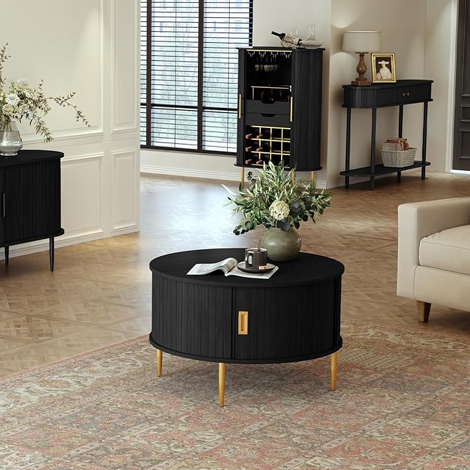 ARTPOWER 31.7" Round Coffee Table with Tambour Door, Mid Century Center Table for Living Room, Small Wood Fluted Circle Coffee Table with Storage, Black