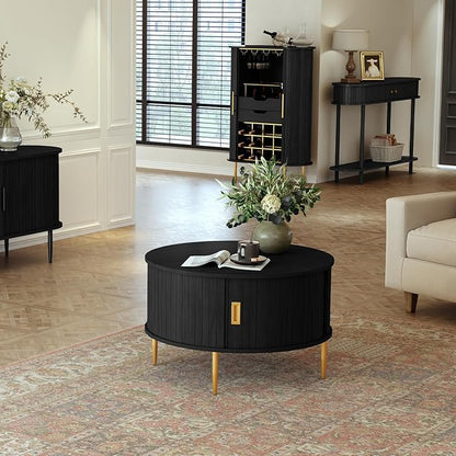 ARTPOWER 31.7" Round Coffee Table with Tambour Door, Mid Century Center Table for Living Room, Small Wood Fluted Circle Coffee Table with Storage, Black