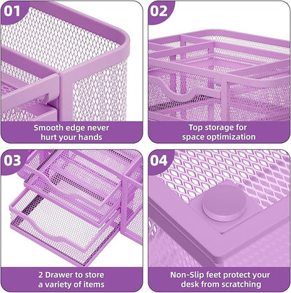Marbrasse Mesh Desk Organizer, Pen Holder with 2 Drawer, Multi-Functional Pencil Holder, Desk Organizers and Accessories with 5 Compartments + Drawer for Office Art Supplies (Purple)