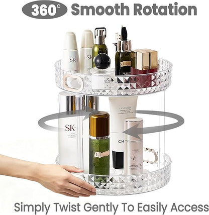 360 Rotating Makeup Organizer for Vanity, 2 Tier Diamond Pattern Perfume Organizer for Women, Large Capacity Skincare Lotion Cosmetic Organizer, Bathroom Countertop Makeup Holder, Clear