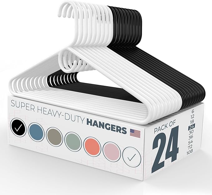 Neaties Super Heavy Duty Clothes Hangers 20 Pack (24 Count) – Made in The USA - 10lb Capacity, Thick Plastic Hangers for Pants, Coats, Jackets, Jeans and Adult Clothing – White & Black