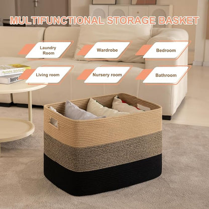 OIAHOMY 108L Super Large Blanket Basket, 25”x16”x16” Rectangle Woven Baskets for Storage, Cotton Rope Basket For Living Room, Toy Storage with Handle - Yellow Black