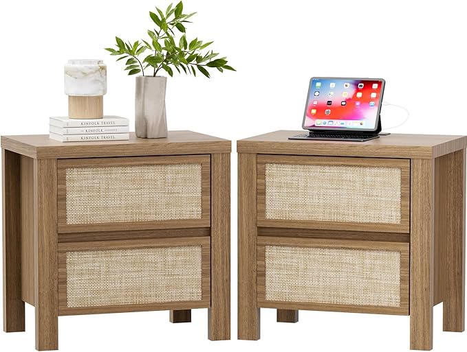 XIAO WEI Set of 2 Rattan Nightstand with Charging Station, Boho Bedside Table with 2 Drawers, Farmhouse End Table for Bedroom, Wood Accent Bed Side Table with Storage, Reclaimed Light Oak