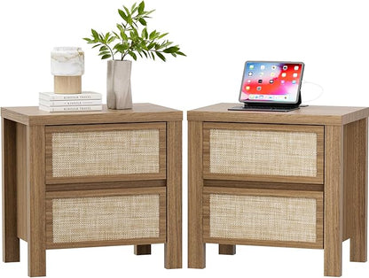 XIAO WEI Set of 2 Rattan Nightstand with Charging Station, Boho Bedside Table with 2 Drawers, Farmhouse End Table for Bedroom, Wood Accent Bed Side Table with Storage, Reclaimed Light Oak