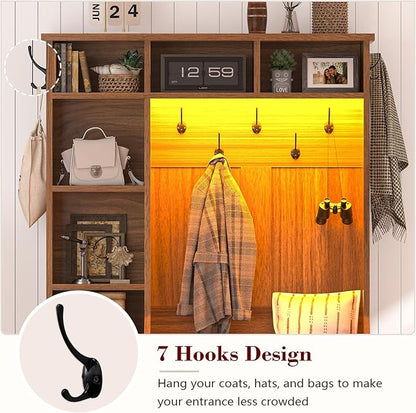 Hall Tree with Bench and Shoe Storage, Farmhouse Entryway Bench with Coat Racks and Led Lights, Tall Hall Tree with 7 Coat Hooks, 6 Storage Cubbies, Adjustable Shelf
