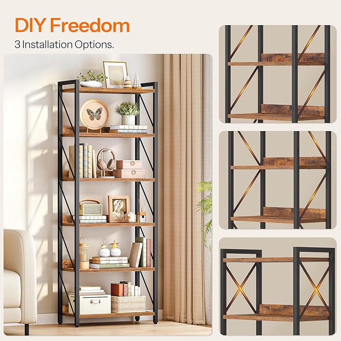 HOOBRO Bookshelf, 6-Tier Industrial Bookcase, Book Shelf Storage Organizer, Tall Bookshelf with Metal Frame for Living Room, Bedroom, Home Office, Kitchen, Rustic Brown and Black BF726SJ01