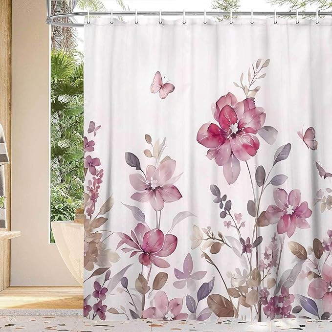 Lavender Pink Floral Shower Curtain, Lavender Pink Floral Butterfly Boho Shower Curtains for Bathroom, Farmhous Flower Cute Fabric Shower Curtain Set with 12PCS Hooks, 36X70IN