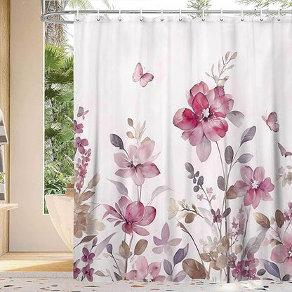Lavender Pink Floral Shower Curtain, Lavender Pink Floral Butterfly Boho Shower Curtains for Bathroom, Farmhous Flower Cute Fabric Shower Curtain Set with 12PCS Hooks, 36X70IN